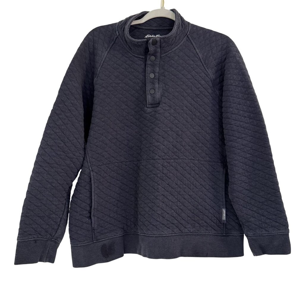 Eddie Bauer Men’s Quilted Snap Pullover Sweatshirt Navy Blue Funnel Neck RaglanL